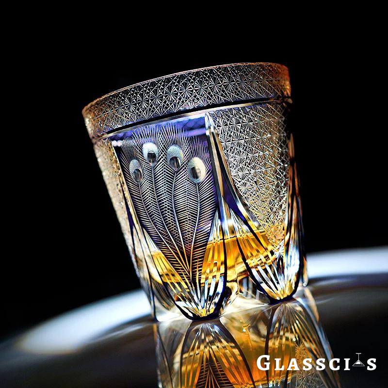 mikiba Peacock Edo Kiriko Whiskey Glass – Intricate Feathered Crystal Tumbler