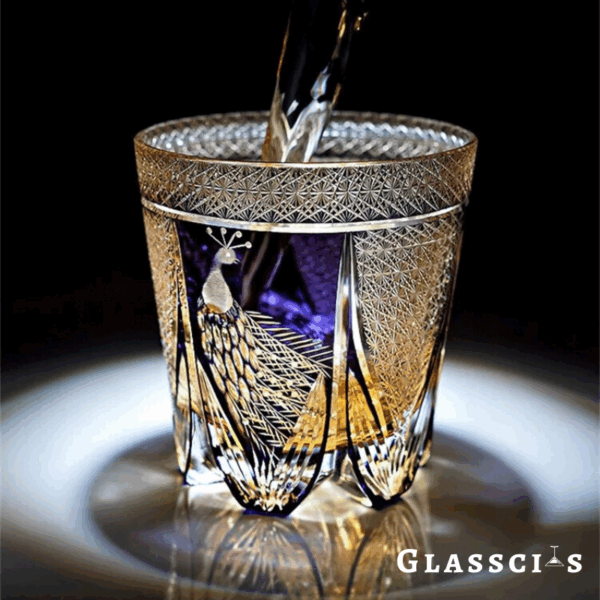 mikiba Peacock Edo Kiriko Whiskey Glass – Intricate Feathered Crystal Tumbler - Image 2