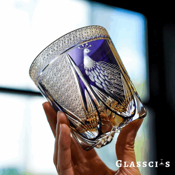 mikiba Peacock Edo Kiriko Whiskey Glass – Intricate Feathered Crystal Tumbler - Image 4