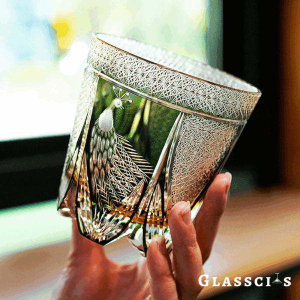 mikiba Peacock Edo Kiriko Whiskey Glass – Intricate Feathered Crystal Tumbler - Image 9