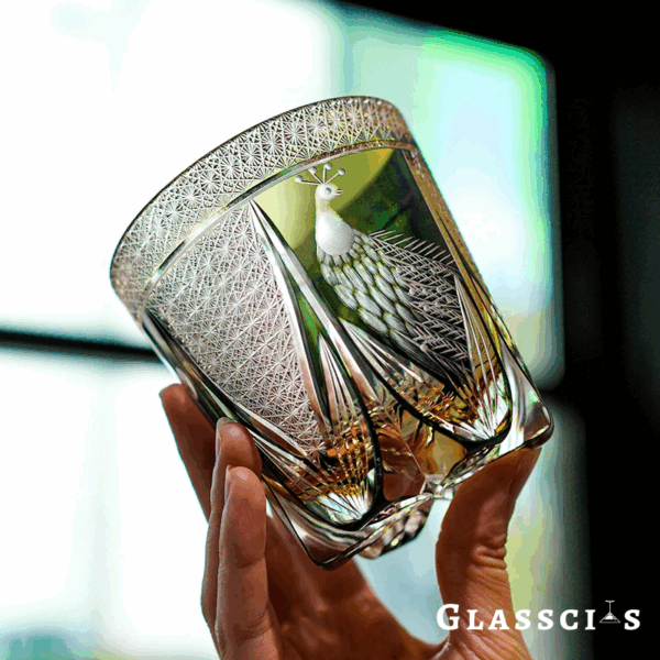 mikiba Peacock Edo Kiriko Whiskey Glass – Intricate Feathered Crystal Tumbler - Image 10